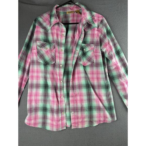 Wrangler Tops - Wrangler Shirt Women L Pink Green Flannel Pearl Snap Western Cowgirl Rodeo Ranch
